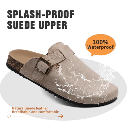 DDXYYDS Suede Clogs Men & Women Unisex Leather Mules Soft Cork Footbed Adjustable Buckle Slip Sandals Potato Shoes with Arch Support Beige - Image 4