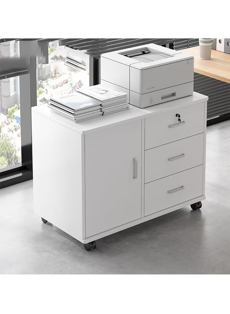 جوميلا خزانة جانبية خشبية، خزانة تخزين عصرية، خزانة مستندات أرضية بعجلات، خزائن ملفات، خزانة مكتب مزودة بقفل (بيضاء) - Image 1