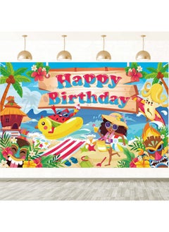 HOWAF Summer Themed Happy Birthday Backdrop Banner, Summer Beach Themed Birthday Party Banner for Hawaiian Luau Birthday Party Supplies, Tropical Themed Birthday Photo Background Banner  - Image 1