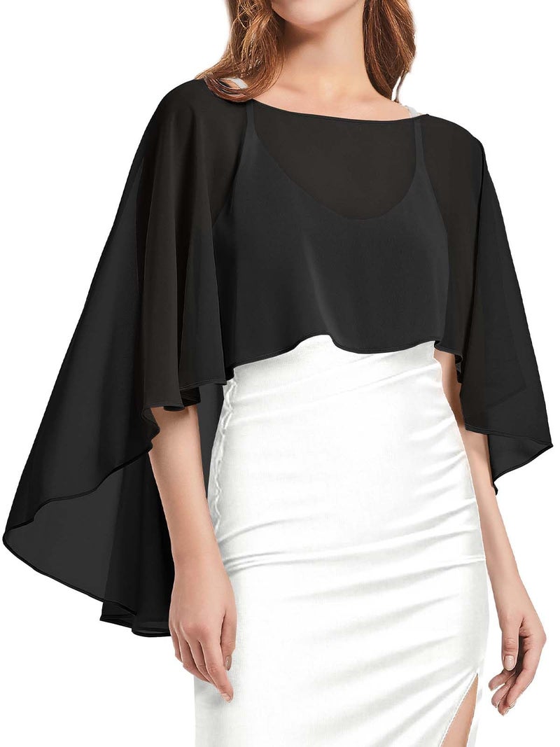 CHICGAL Womens Capelets Shawls and Wraps for Evening Dress Chiffon Capes Wedding Cover Up, Black - Image 1