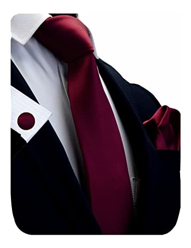 GUSLESON Brand Men's Wedding Solid Wine Burgundy Tie Necktie With Cufflinks and Pocket Square (0789-06) - Image 1