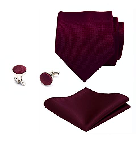 GUSLESON Brand Men's Wedding Solid Wine Burgundy Tie Necktie With Cufflinks and Pocket Square (0789-06) - Image 2