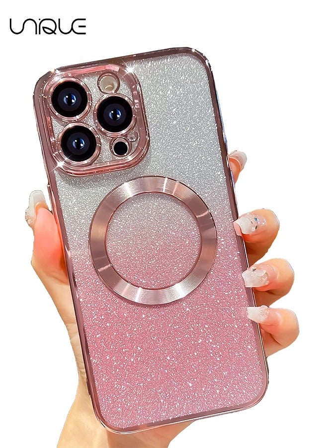 يونيك لآيفون 15 برو ماكس جراب جليتر مغناطيسي متوافق مع MagSafe كامل كاميرا حماية العدسة فاخرة تصفيح جميل بلينغ واضح صدمات سليم حالة الهاتف للنساء الفتيات ، وردي - Image 1