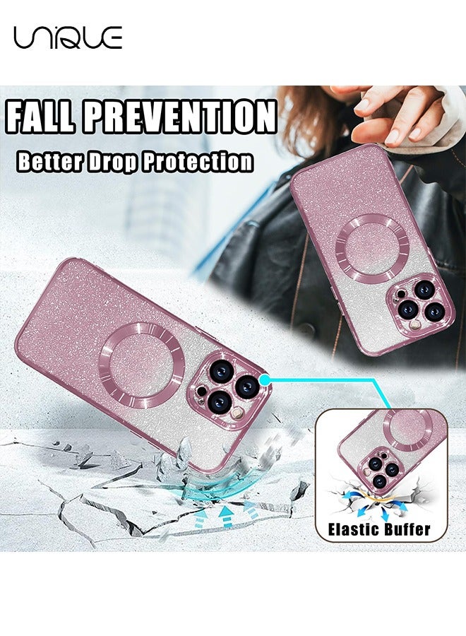 يونيك لآيفون 15 برو ماكس جراب جليتر مغناطيسي متوافق مع MagSafe كامل كاميرا حماية العدسة فاخرة تصفيح جميل بلينغ واضح صدمات سليم حالة الهاتف للنساء الفتيات ، وردي - Image 4