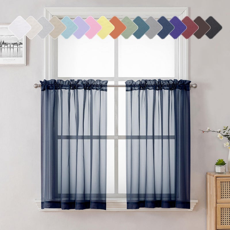 LECLOUD VOLIE SERTAINS Blue Sties 36 بوصة طويلة 2 قطع 2 شاذة النافذة الصلبة ستارة صغيرة لغرفة نوم LIVNG غرفة الحمام مطبخ مزدوج جيوب القضب - Image 1