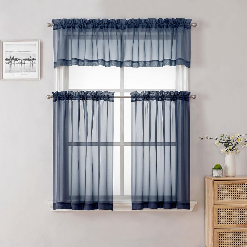 LECLOUD VOLIE SERTAINS Blue Sties 36 بوصة طويلة 2 قطع 2 شاذة النافذة الصلبة ستارة صغيرة لغرفة نوم LIVNG غرفة الحمام مطبخ مزدوج جيوب القضب - Image 4
