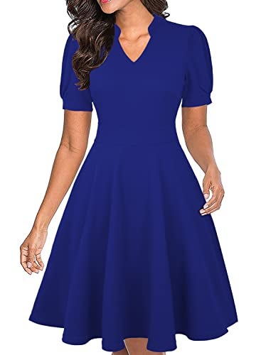 Mokayee Womens Summer Short Sleeve Royal Blue V Neck Knee Length Fit and Flare Cocktail Retro Modest Teacher Dinner Business Casual Office Wedding Guest Ladies Dresses with Pockets XL - Image 5