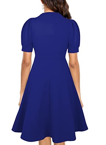 Mokayee Womens Summer Short Sleeve Royal Blue V Neck Knee Length Fit and Flare Cocktail Retro Modest Teacher Dinner Business Casual Office Wedding Guest Ladies Dresses with Pockets XL - Image 2