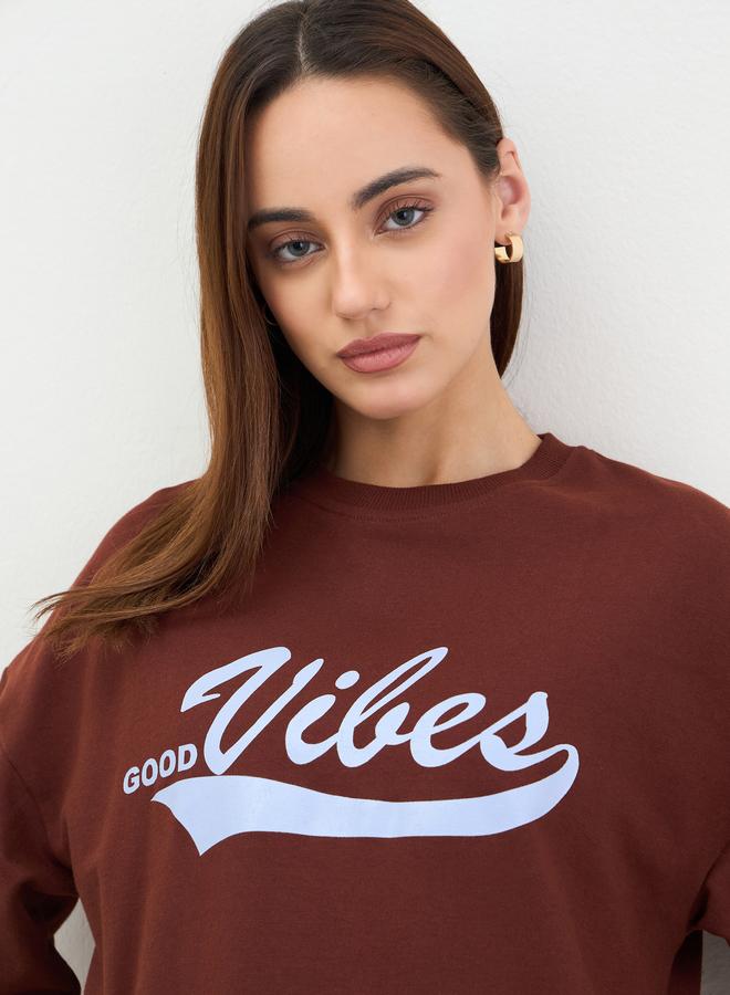 Styli Women Oversized Brown Slogan Print T-Shirt - Image 4