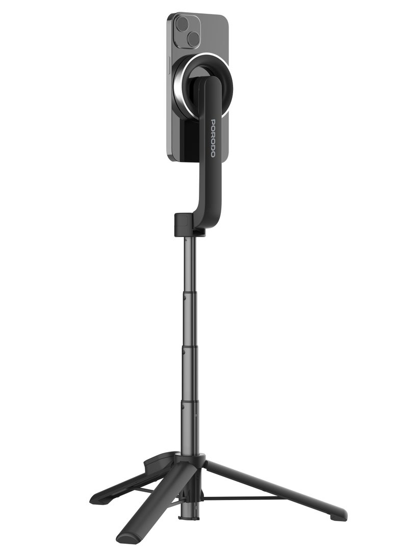 porodo Magnetic Selfie Stick 64.5cm Extendable with 3 Leg Tripod and Remote Control / Foldable / Compact & Portable / Wireless Shutter / Secure MagSafe Attachment for Compatible Devices / Hands-free Photography - Black  - Image 1