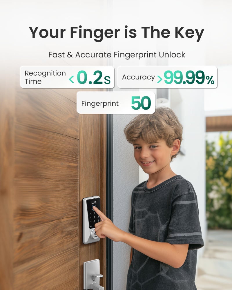 DESLOC WiFi Smart Lock D110 Plus, Built-in Wi-Fi No Hub Needed, Fingerprint Keyless Entry Front Door Lock, Touchscreen Keypad Deadbolt with Backlit, APP Control, Auto Lock, Anti-Peep PIN, BHMA Grade 3 - Image 4