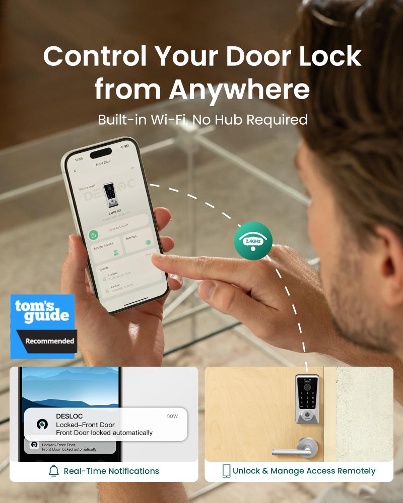 DESLOC WiFi Smart Lock D110 Plus, Built-in Wi-Fi No Hub Needed, Fingerprint Keyless Entry Front Door Lock, Touchscreen Keypad Deadbolt with Backlit, APP Control, Auto Lock, Anti-Peep PIN, BHMA Grade 3 - Image 2