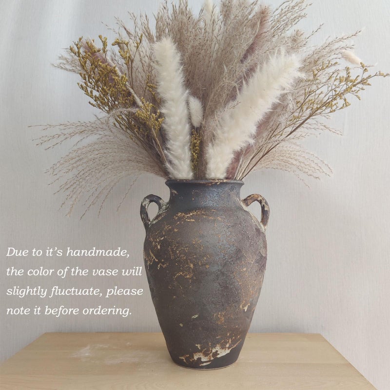 FlyingEdge Black Pottery Vase - 10" Rustic Farmhouse vase, Vintage Weathered Terracotta Vases, Handmade Clay vases with Two Handles, Tall Textured Antique Vase for Home Decor, Entryway, Fireplace Mantel Decor - Image 2