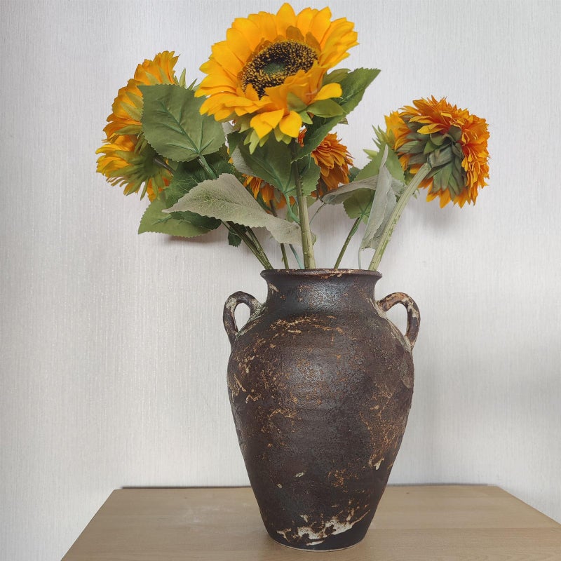 FlyingEdge Black Pottery Vase - 10" Rustic Farmhouse vase, Vintage Weathered Terracotta Vases, Handmade Clay vases with Two Handles, Tall Textured Antique Vase for Home Decor, Entryway, Fireplace Mantel Decor - Image 4