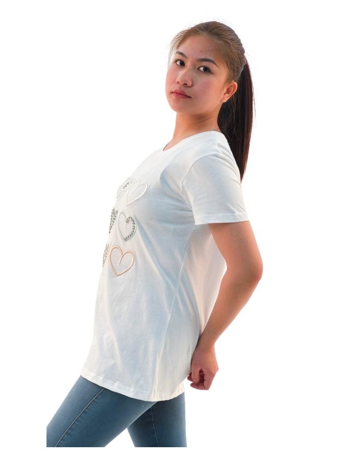 JOANNA تي شيرت نسائي بأكمام قصيرة وطباعة قلوب W203010 - أبيض - Image 2