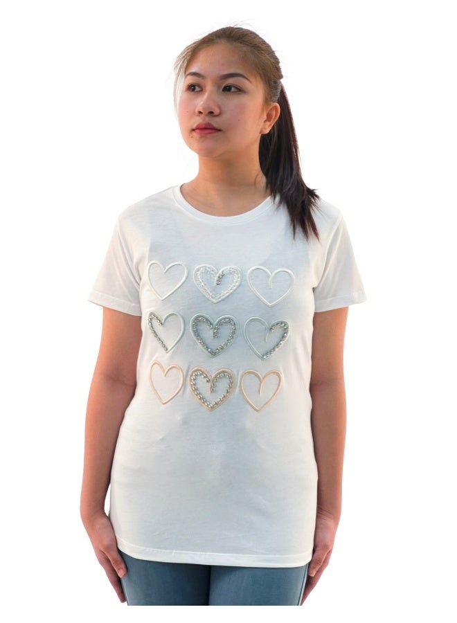 JOANNA تي شيرت نسائي بأكمام قصيرة وطباعة قلوب W203010 - أبيض - Image 1