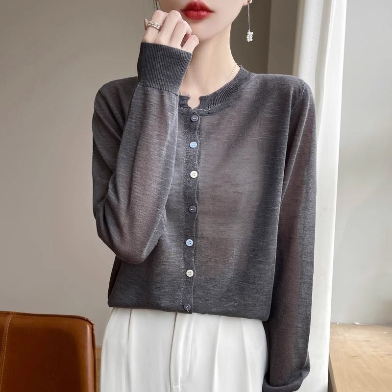 New Loose Cardigan Thin Long-Sleeve Air Conditioning Shirt Versatile New Round Neck Women'S Top - Image 3