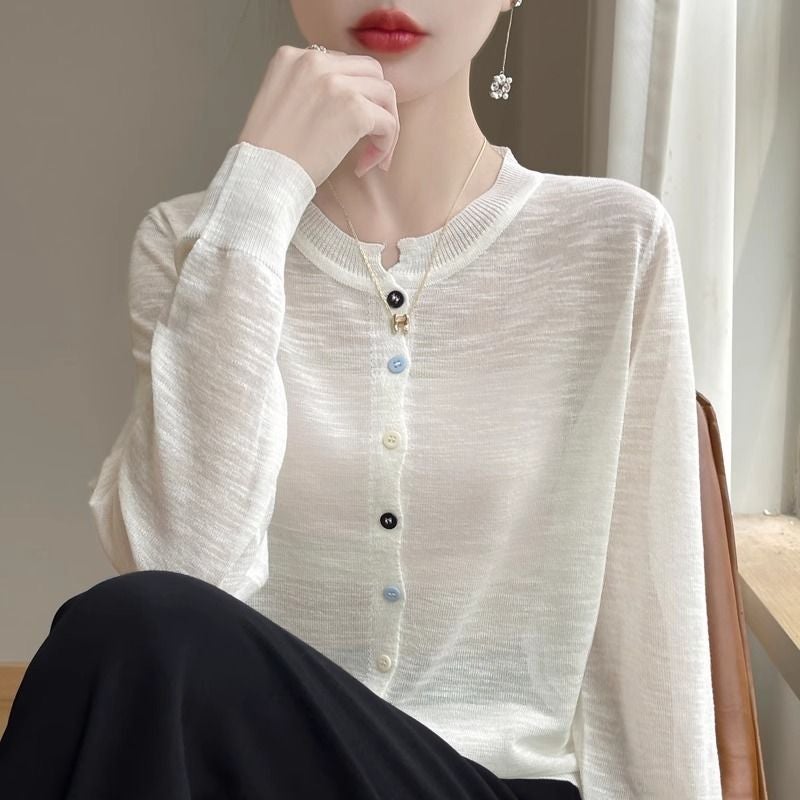 New Loose Cardigan Thin Long-Sleeve Air Conditioning Shirt Versatile New Round Neck Women'S Top - Image 2