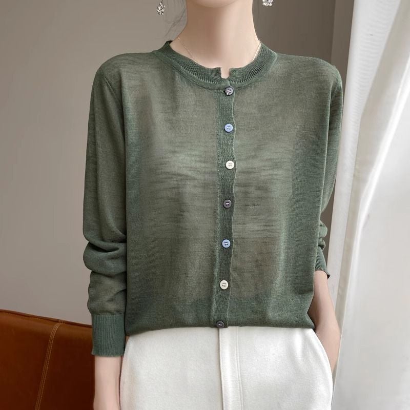 New Loose Cardigan Thin Long-Sleeve Air Conditioning Shirt Versatile New Round Neck Women'S Top - Image 1