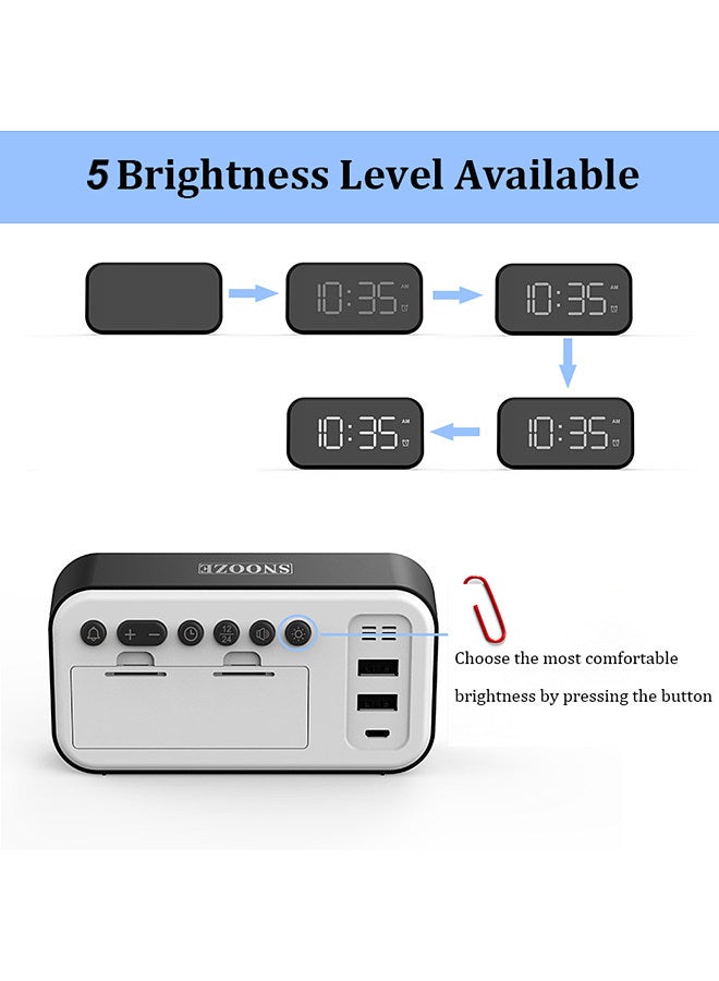 ساعة منبه رقمية مع منفذ USB للشحن، سطوع قابل للتعديل، شاشة رقمية LED، غفوة 12/24 ساعة، مستوى صوت منبه قابل للتعديل، ساعات مكتب صغيرة لغرفة النوم بجانب السرير  - Image 5