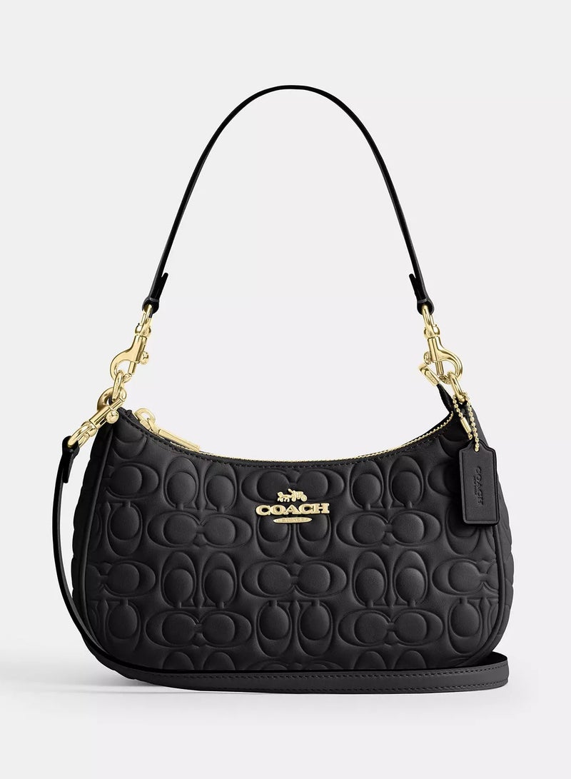 كوتش اوت ليت حقيبة كتف نسائية من Coach Teri مصنوعة من الجلد المميز، حقيبة يد نسائية، حقيبة هوبو نسائية، حقيبة توت نسائية، حقيبة سفر نسائية، حقيبة سيجنيتشر سوداء 24 سم - Image 1