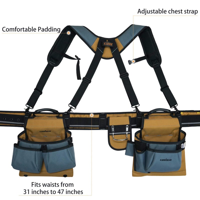 KUNN Carpenter Tool Belt with Suspenders Pro Framer Suspension Tool Rig for Construction Contractors and Electrician,Khaki - Image 2