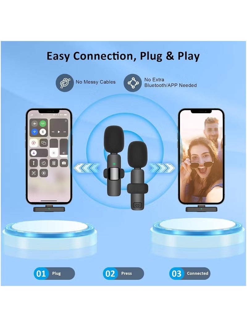 Wireless Lavalier Microphone for Type-C Phone- Plug-Play Wireless Mic with 2 Microphone for USB-C Android Phone and iPhone Video Recording- Interview- Vlog- Auto Sync and Noise Reduction- 2.4 GHZ
