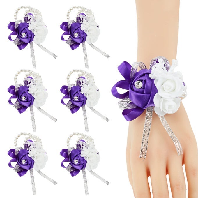 PURPLE WRIST CORSAGE FOR PROM WEDDING PARTY SET OF 6 ROSE WRIST HAND FLOWER FOR BRIDAL BRIDESMAID PROM CORSAGES WRIST BRIDE GROOM MOTHER CORSAGE WRISTLET FOR CEREMONY HOMECOMING CORSAGE