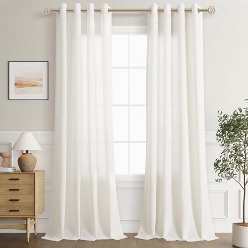 Jowels Natural Cream Linen Curtains 96 Inch Length 2 Panels for Living Room Bedroom, Light Filtering Sheer Curtains 96 Inches, Modern Farmhouse Grommet Semi Sheer Soft Privacy Drapes - Image 2