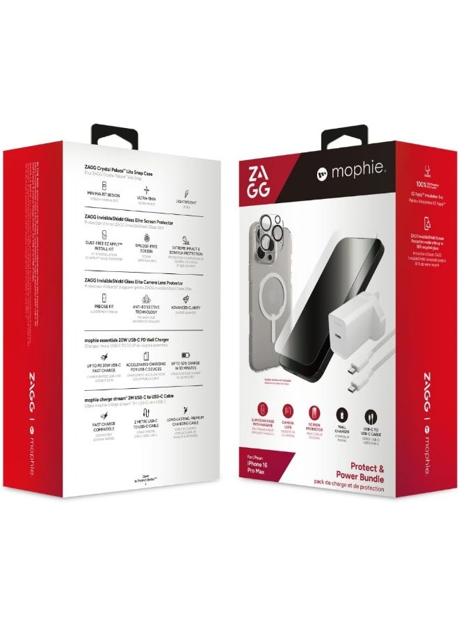 زاج Mophie Protect & Power Bundle Crystal Palace Lite Case, Glass Elite Screen & Camera Lens Protector, 20W USB-C PD Wall Charger, USB-C to USB-C Cable (16 pro max) Clear - Image 2
