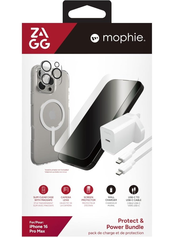 زاج Mophie Protect & Power Bundle Crystal Palace Lite Case, Glass Elite Screen & Camera Lens Protector, 20W USB-C PD Wall Charger, USB-C to USB-C Cable (16 pro max) Clear - Image 3
