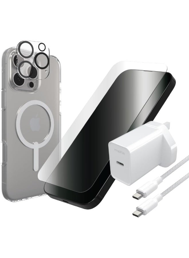 زاج Mophie Protect & Power Bundle Crystal Palace Lite Case, Glass Elite Screen & Camera Lens Protector, 20W USB-C PD Wall Charger, USB-C to USB-C Cable (16 pro max) Clear - Image 1