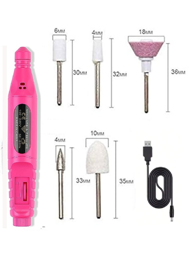 Electric nail file, trimmer, filer, polisher, manicure and pedicure pen, includes file, carving tool, drill and polisher - pink - Image 4