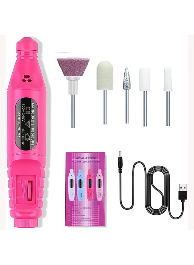 Electric nail file, trimmer, filer, polisher, manicure and pedicure pen, includes file, carving tool, drill and polisher - pink - Image 2