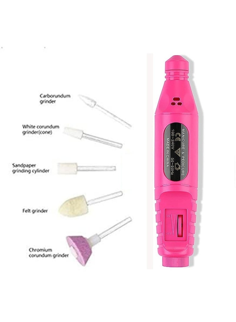 Electric nail file, trimmer, filer, polisher, manicure and pedicure pen, includes file, carving tool, drill and polisher - pink - Image 3
