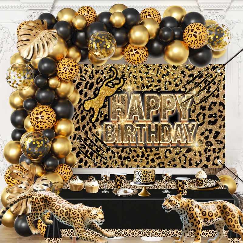 jenmir Cheetah Birthday Decorations For Men Women,Leopard Print Happy Birthday Backdrop,Balloons Arch for Boy Girl Parties - Image 1