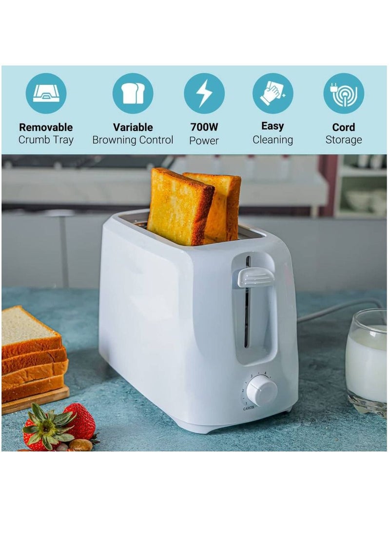 2 Slice Bread Toaster - Removable Crumb Tray| One Touch Cancel Button | 6 Browning Setting Control 700 W White