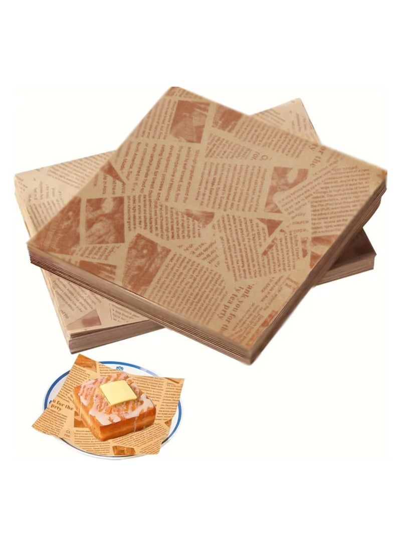 CMGTYYD 200 Pcs Greaseproof Paper Sheets, 7 x 7 Inch Food Burger Paper, Baking Wrapping Sheets, Old Newspaper Style Grease Proof Wrap for Food Basket & Plate Liners Bread Sandwich Pizza and French Fries - Image 1