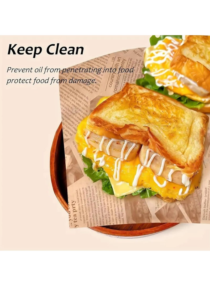 CMGTYYD 200 Pcs Greaseproof Paper Sheets, 7 x 7 Inch Food Burger Paper, Baking Wrapping Sheets, Old Newspaper Style Grease Proof Wrap for Food Basket & Plate Liners Bread Sandwich Pizza and French Fries - Image 3