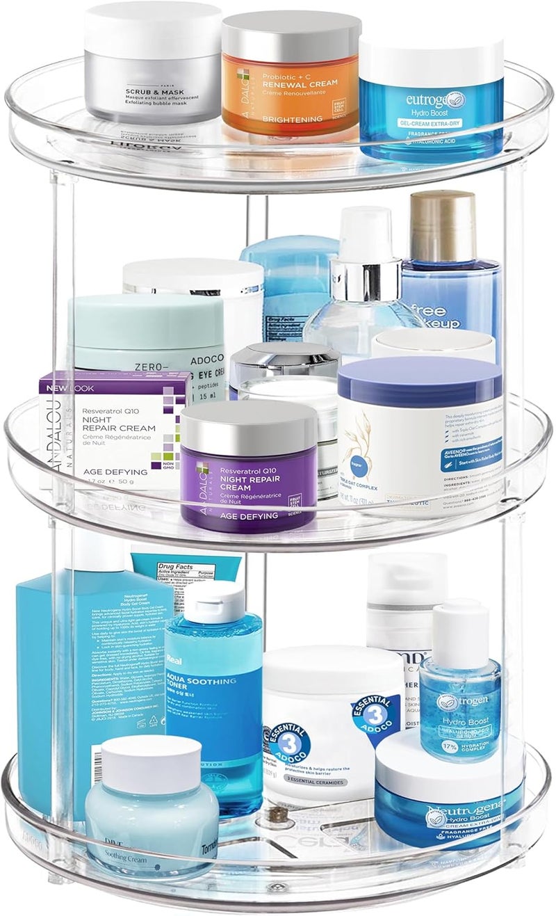 Adoco 3 Tier Lazy Susan Bathroom Organizer - 9.25 Inch Clear Makeup Organizer with Skincare and Perfume Storage for Countertop - Image 1