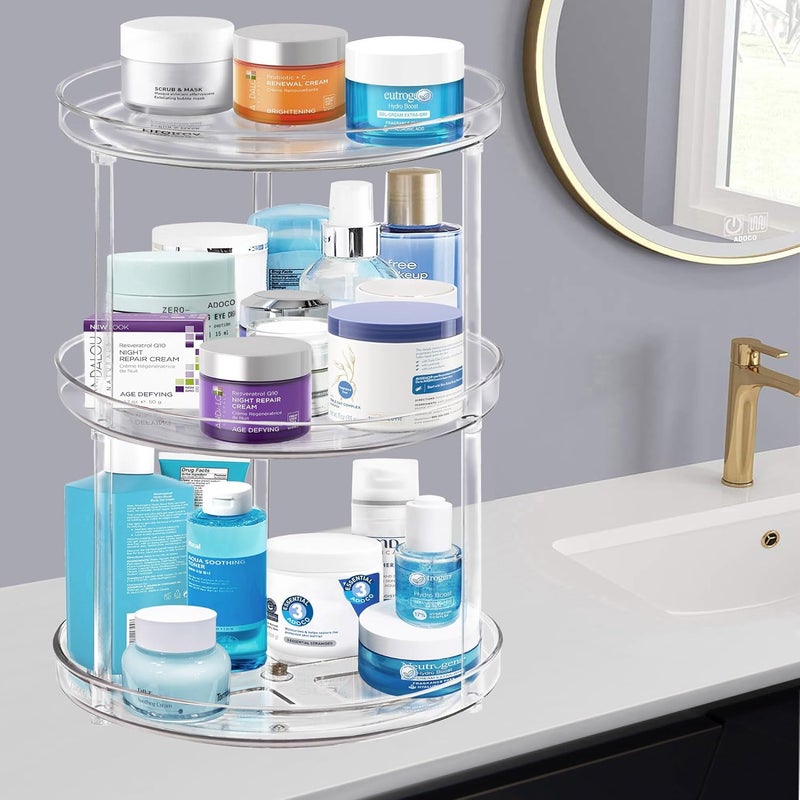 Adoco 3 Tier Lazy Susan Bathroom Organizer - 9.25 Inch Clear Makeup Organizer with Skincare and Perfume Storage for Countertop - Image 3