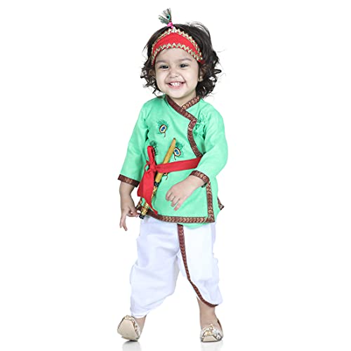 BownBee Full Sleeve Cotton Kanhaiya Dress Morpankh Emb. - Green - Image 1