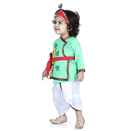 BownBee Full Sleeve Cotton Kanhaiya Dress Morpankh Emb. - Green - Image 2