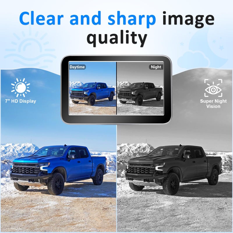 Wkzay Wireless Backup Camera for Trucks - 7 Inch Monitor, HD 1080P Backup Camera for Pickups Trucks, Color Night Vision, 2 Channels, IP69 Waterproof - Easy Install for Towing & Parking - Image 4