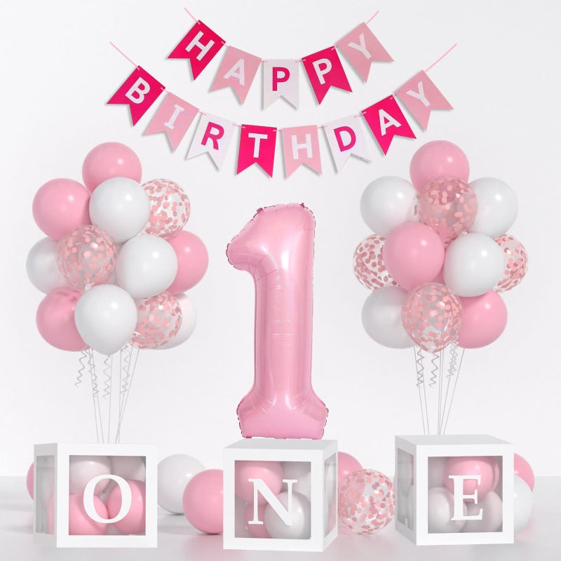 Yumiche Baby Girl First Birthday DecorationsPastel Pink White Balloons 40 Inch Pink 1 Balloons Happy Birthday Banner One Balloon Boxes For 1 Year Old Girl BD Decorations - Image 2