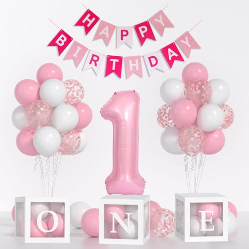 Yumiche Baby Girl First Birthday DecorationsPastel Pink White Balloons 40 Inch Pink 1 Balloons Happy Birthday Banner One Balloon Boxes For 1 Year Old Girl BD Decorations - Image 1