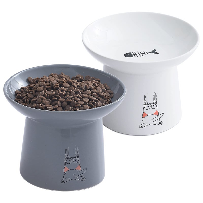 OMAYKEY 65 Inch Extra Wide Ceramic Raised Cat Bowls Upgraded Elevated Porcelain Cat Food Water Bowl Dish Stress Free Pet Feeder Bowls Dishes for Elder Big Cats Small Dogs White Grey