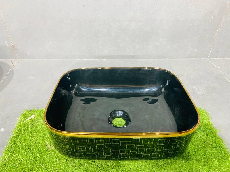 WARRIX Art Wash Basin Countertop Tabletop Ceramic Bathroom SinkBasin Glossy finish Black Golden 40 X 30 X 145 CM  - Image 2