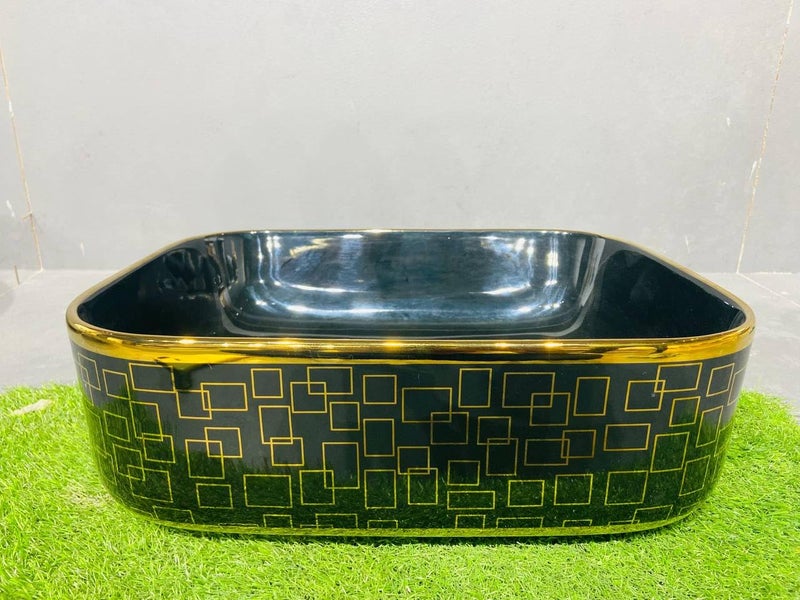 WARRIX Art Wash Basin Countertop Tabletop Ceramic Bathroom SinkBasin Glossy finish Black Golden 40 X 30 X 145 CM  - Image 1