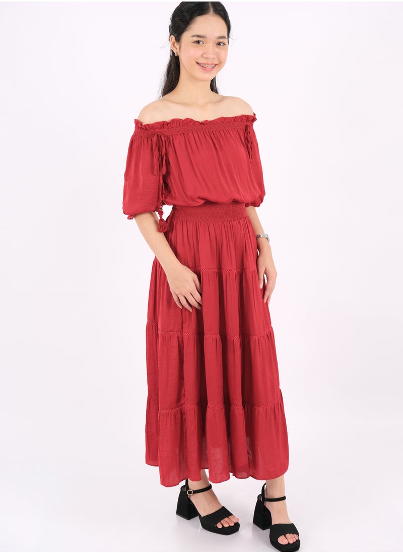 ONLY - Women’s Pleated Off Shoulder Neck Dress in Rio Red - Image 1